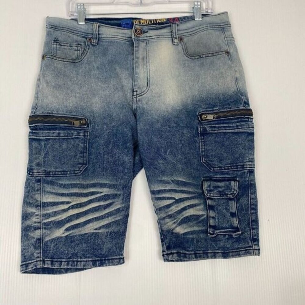 Demolition Mens Jeans shorts Y2K Size 34 Distressed Acid Washed Blue Hip Hop